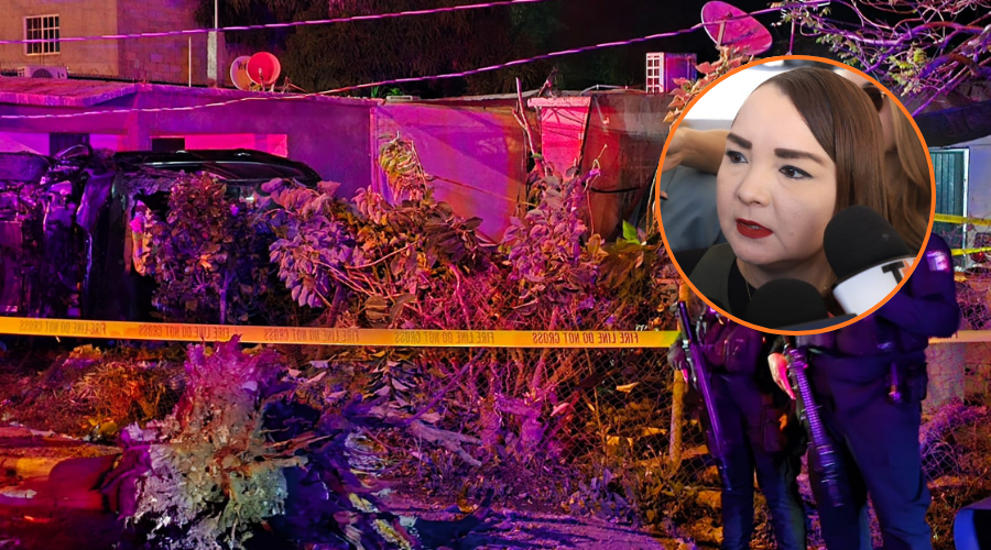En grande camioneta volcada y área acordonada y en un circulo Claudia Zulema Sánchez Kondo