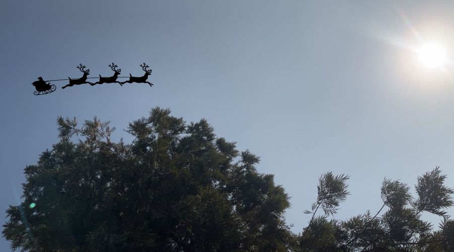 Cielo azul despejado con sol en lo alto y un árbol y un ícono de santa claus en trineo