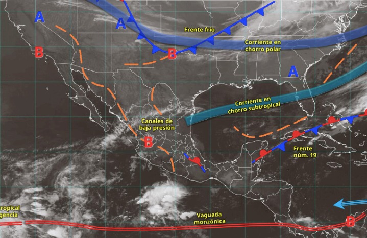 Mapa de México con nubes y líneas azules que marcan el frente frío
