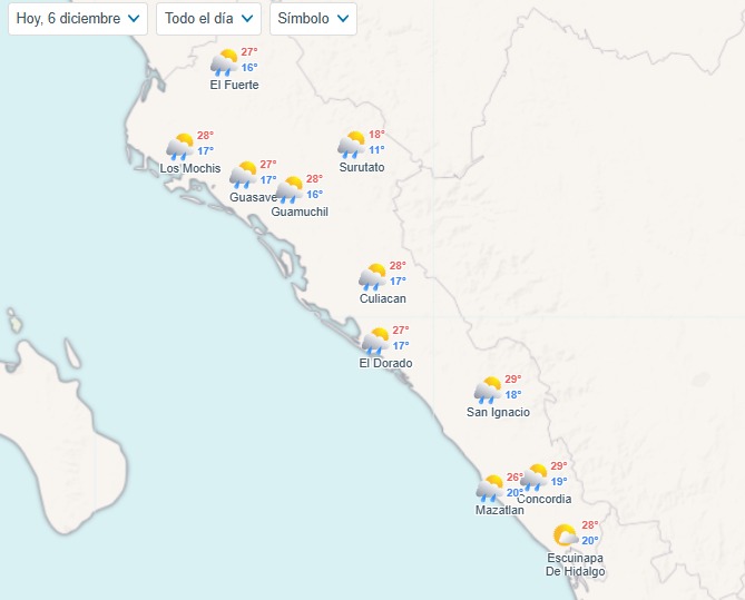 Imagen satelital de Sinaloa con las temperaturas máximas y mínimas por región
