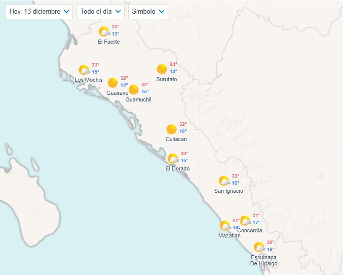 Imagen satelital de Sinaloa con las temperaturas mínimas y máximas por región