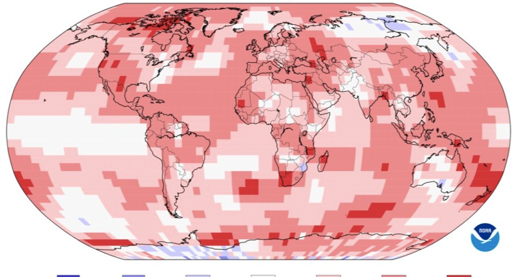Imagen satelital proporcionado por NOAA que muestra las temperaturas mas altas registradas en todos los países del mundo, manejando colores cálidos, entre mas roja la región mas caliente el sector