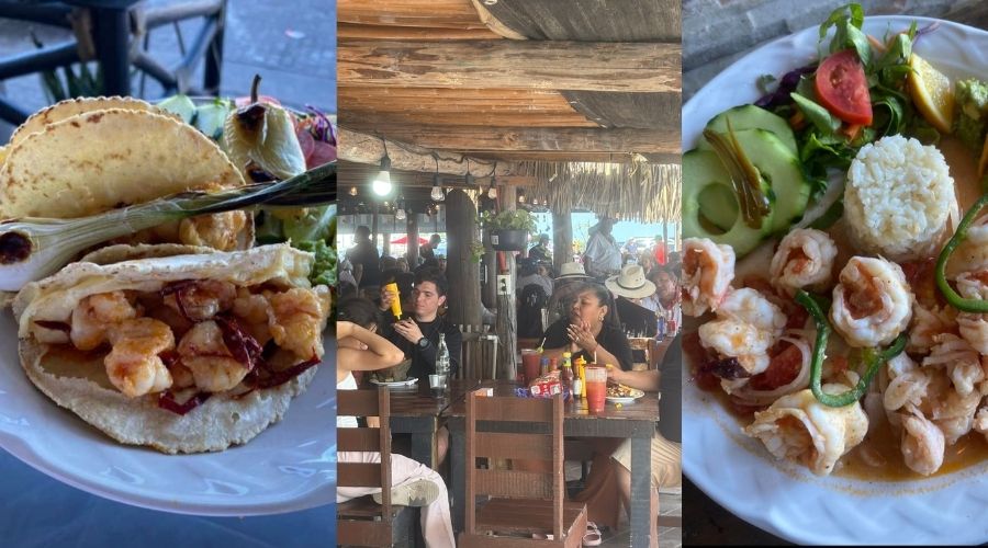 Tacos de camarón junto a aguachile y restaurante de Altata