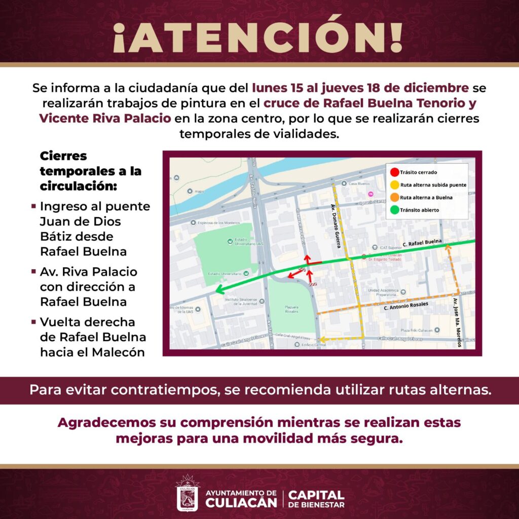 Flyer de comunicado en colores blanco y guinda con un croquis de las calles que se van a cerrar 