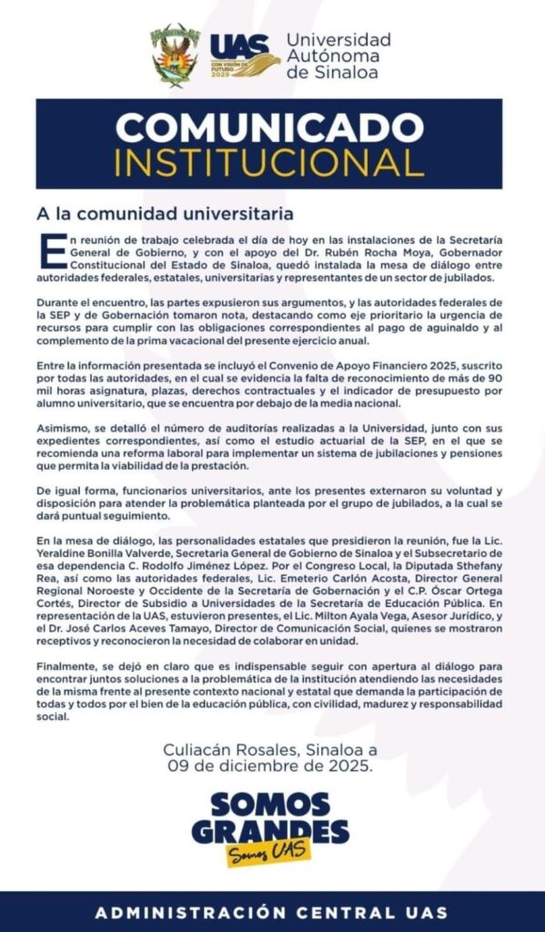 Comunicado institucional de la Universidad Autónoma de Sinaloa