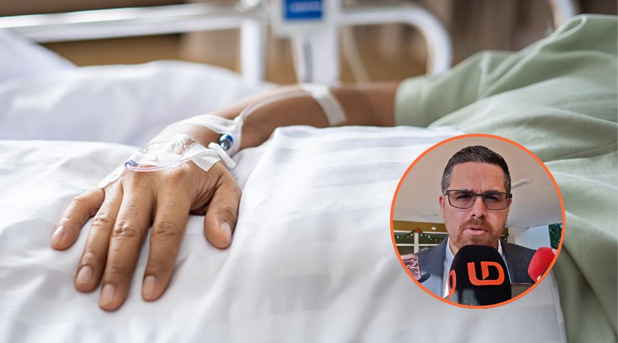 Mano de una persona hospitalizada y en un círculo Cuitláhuac González Galindo