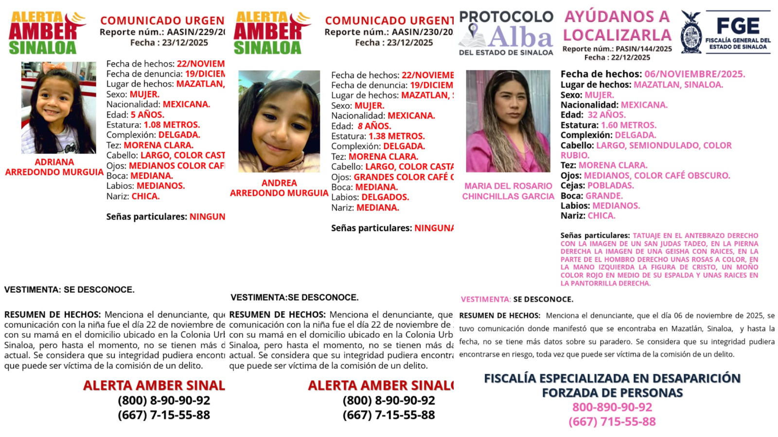 Reportan desaparición de las niñas Adriana, Andrea y de María del Rosario