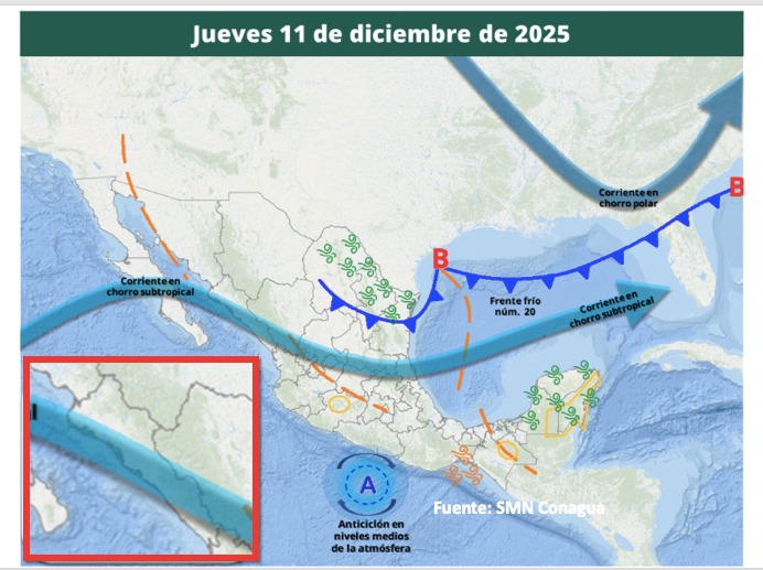 Imagen satelital de México que representa la probabilidad de tormentas