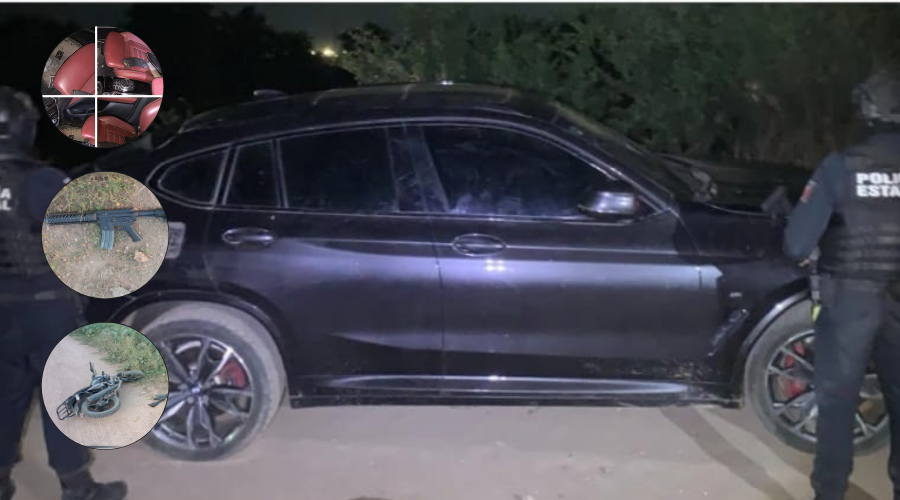 Carro negro decomisado con droga, armas y una motocicleta