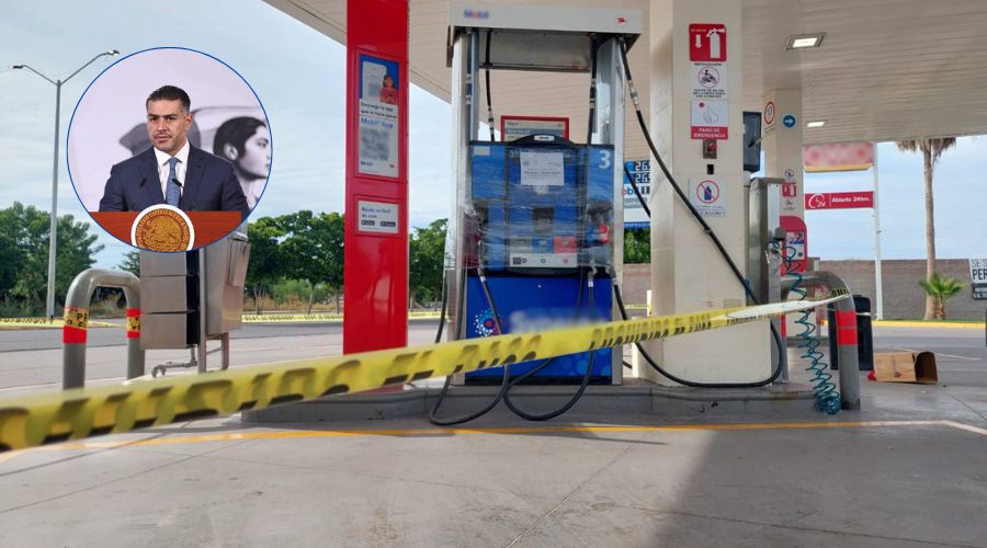 Gasolinea con cinta s de no pasar, decomisada por autoridades y Omar Garcia Harfuch en un circulo