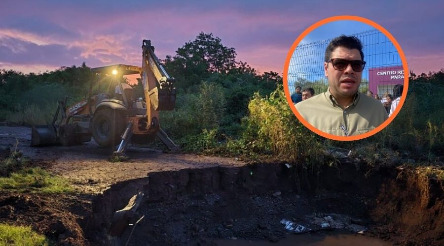 Dren San Joachin en Guasave colapsado junto a el secretario de Obras Públicas de Gobierno del Estado, Raúl Francisco Montero Zamudio