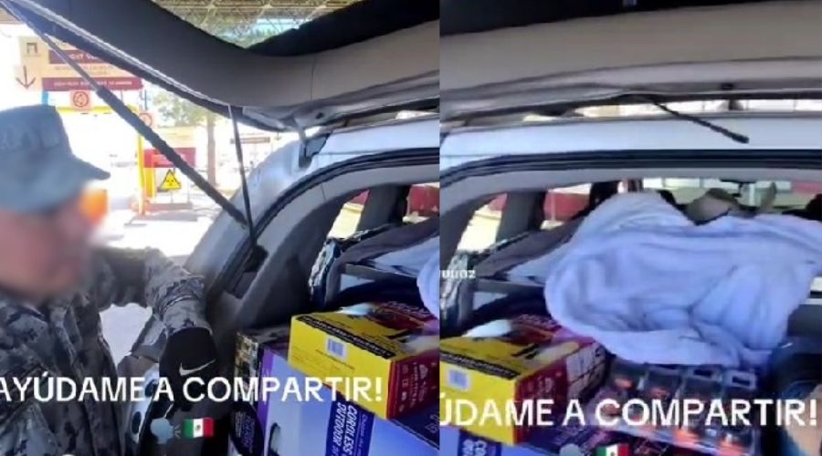 Carro con cosaa dentro de la cajuela junto a un elemento de la Guardia Nacional