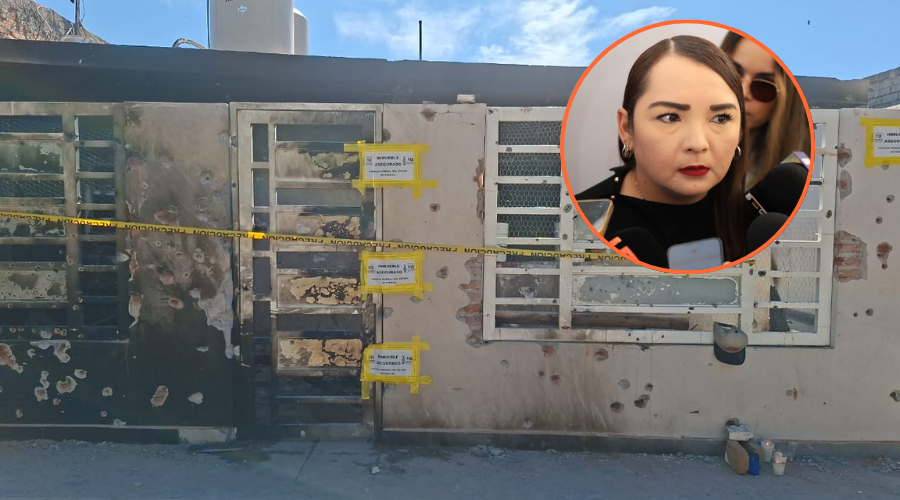 Vivienda baleada e incendiada de fondo y Claudia Sánchez en un círculo