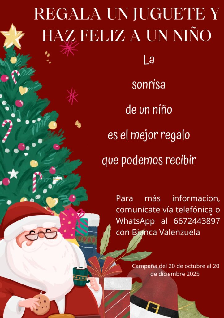 Flyer en color rojo y estilo navideño con un pino color verde adornado y un santa claus