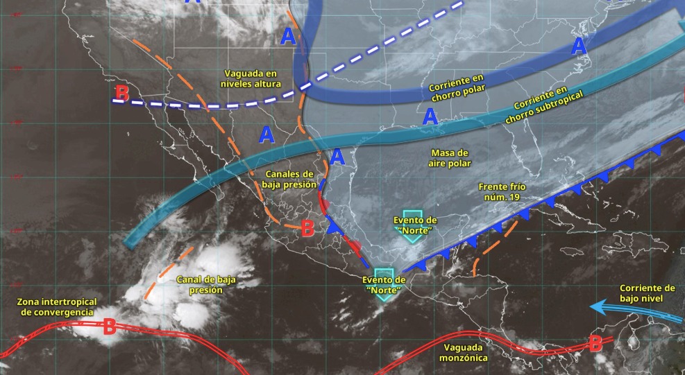 Mapa de México satelital con línea azules, rojas y amarillas que muestran el clima de hoy
