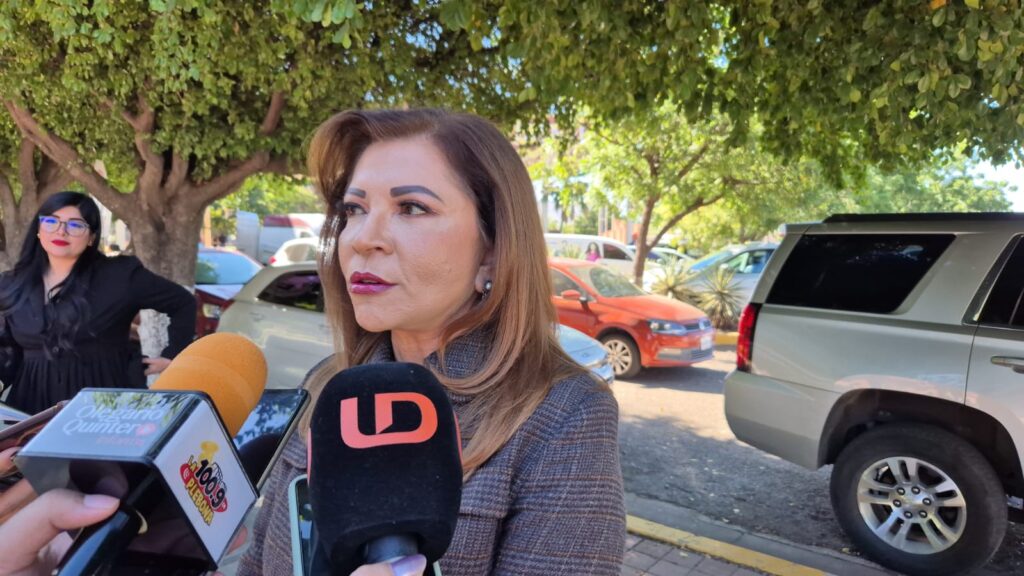 Mujer hablando a micrófonos, se observa una camioneta gris al fondo