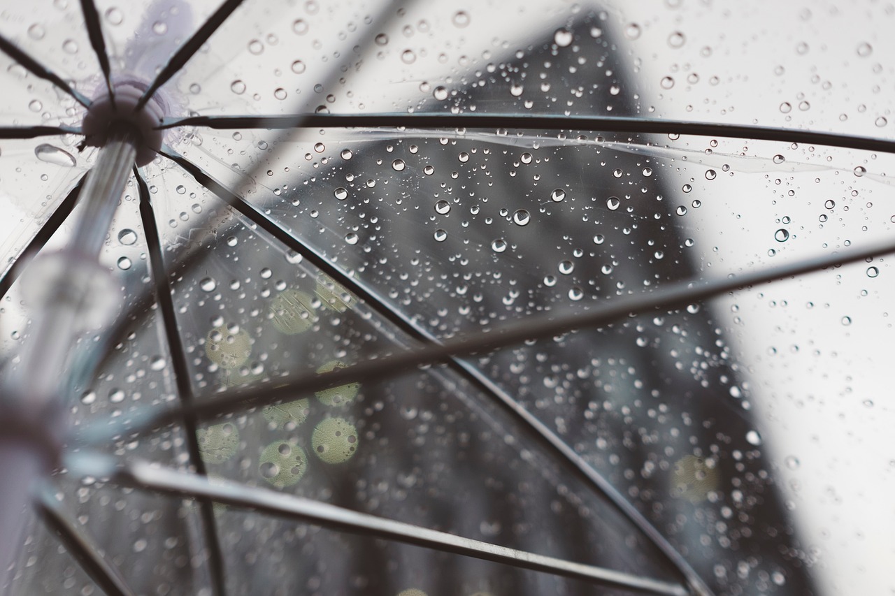 Gotas de lluvia vistas a través de un paraguas de plástico transparente