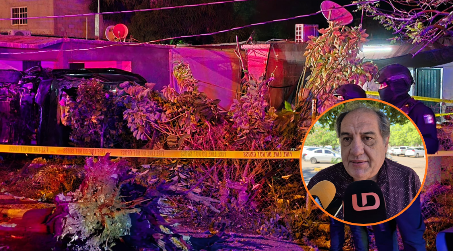 En grande una camioneta volcada y una cinta seguridad acordonando el área del incidente y en un circulo Javier Llausas Magaña