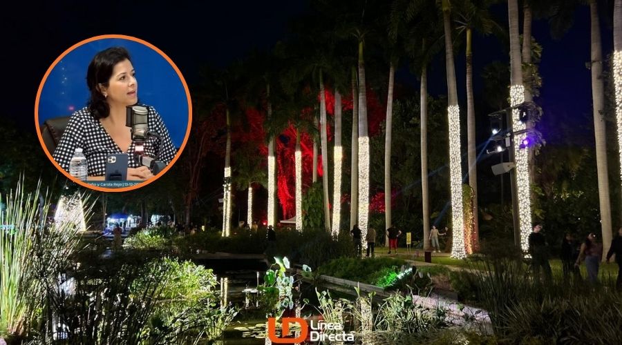 Personas caminando en un sendero de noche con luces y adornos alucivos a la navidad en palmeras y otros lugares, en un círculo una mujer en un estudio con un micrófono enfrente