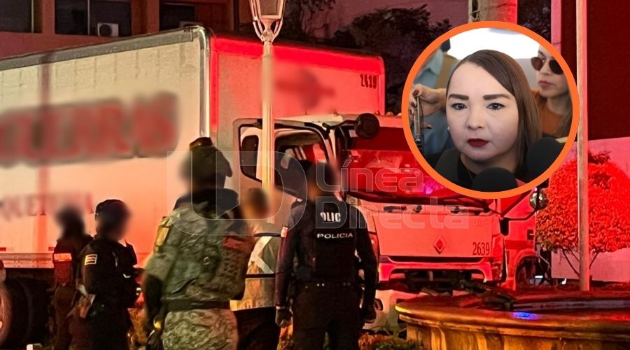 Camión de paquetería checado junto a un chofer asesinado y la fiscal de Sinaloa, Claudia Zulema Sánchez