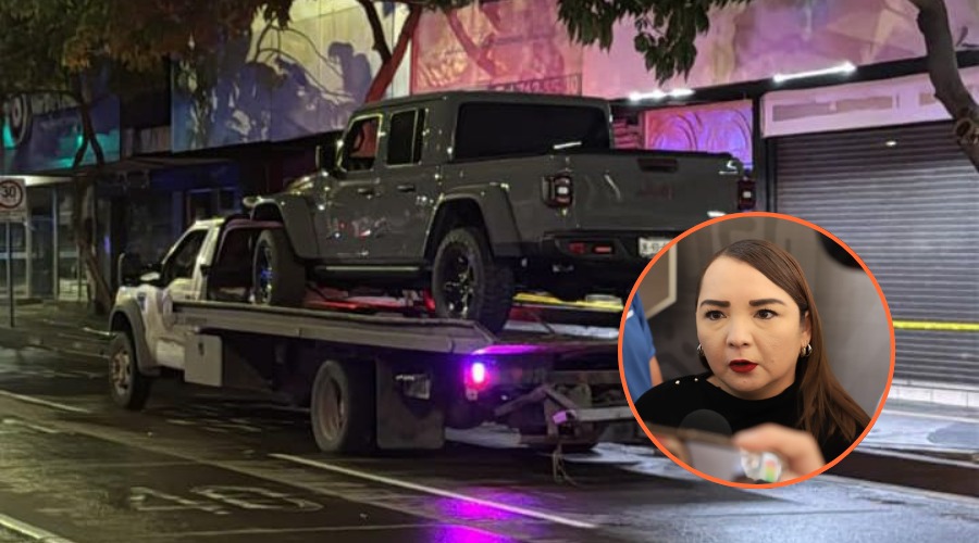 Fiscal general de Sinaloa, Claudia Zulema Sánchez Kondo junto a jeep asegurada