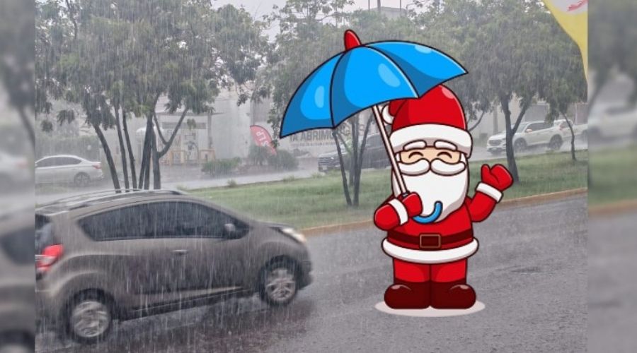 Lluvias en Sinaloa junto a una imagen de Santa Claus con un paraguas