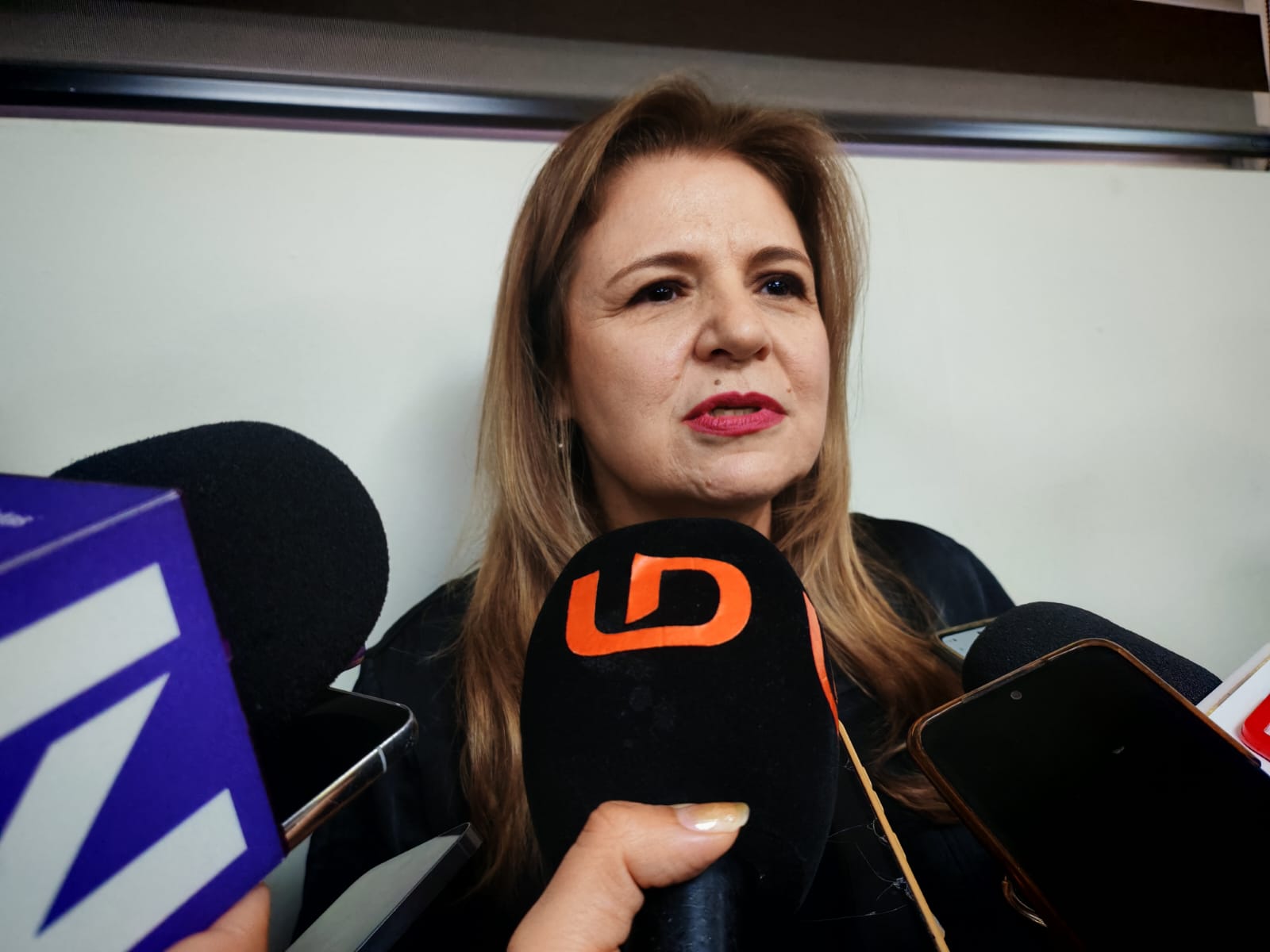 María Guadalupe Ramírez Zepeda hablando con los medios