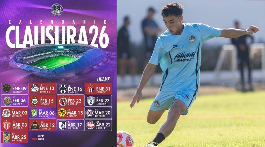 Calendario completo del Mazatlán FC para el Clausura 2026 junto a un jugador del equipo pateando un balón