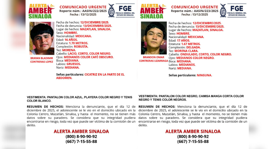 Fichas de búsqueda proporcionadas por la FGE sobre dos menores desaparecidos en Mazatlán