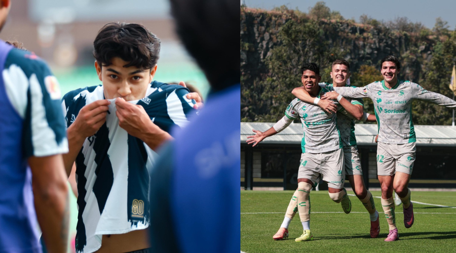 A la izquierda Omar Gálvez festejando su gol besando el escudo del club y a la derecha Luis Mascareño celebrando con sus compañeros