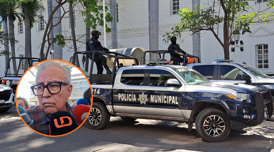 Unidades de la policía municipal de culiacán transitando por la calle y en un circulo Rocha Moya