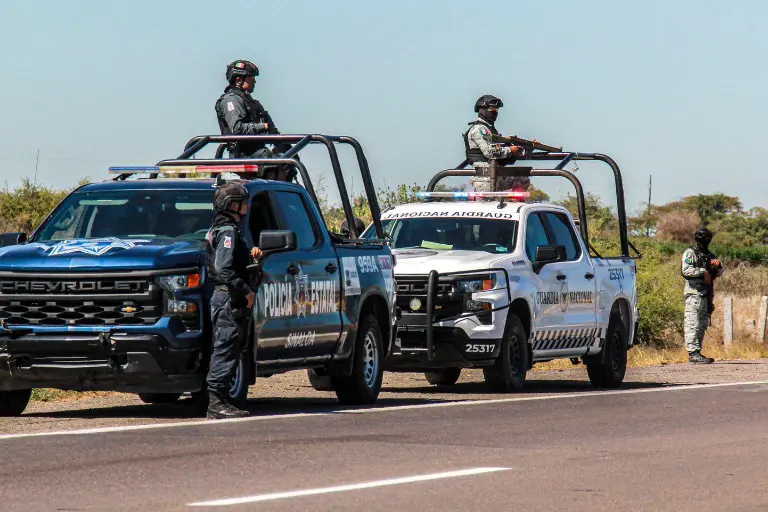 Unidades de la policía estatal y de la guardia nacional en una carretera