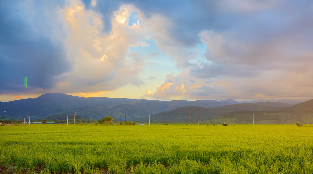 Cielo con nubes y un campo verde con montañas