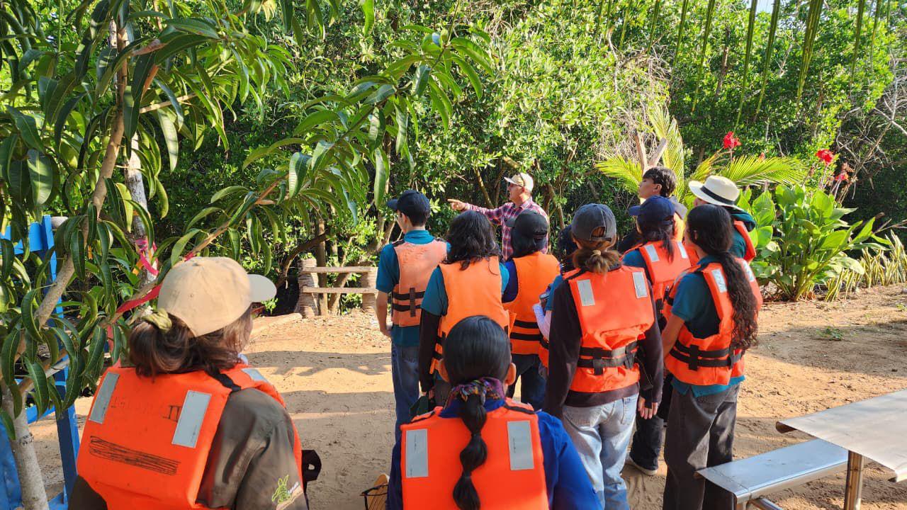 Personas con chalecos naranjas en una zona de manglares