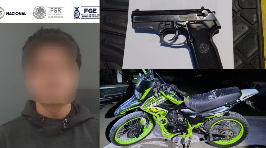 Una persona con difuminado en su cara, un arma y una motocicleta