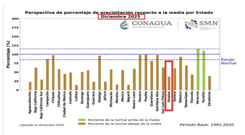 Imagen de gráfica presentando los porcentajes de precipitación respecto a la media por Estado para diciembre de 2025
