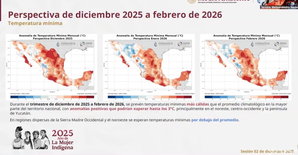 Imágenes satelitales de México que indican las temperaturas pronosticadas para el país en los meses de diciembre de 2025 y enero y febrero de 2026