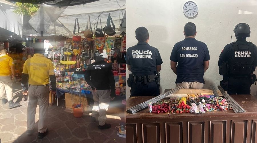 Personas de seguridad con pirotecnia sobre una mesa
