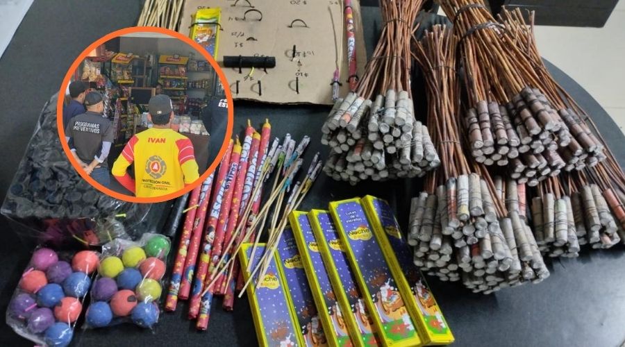 Pirotecnia sobre una mesa y personal de protección civil en Choix
