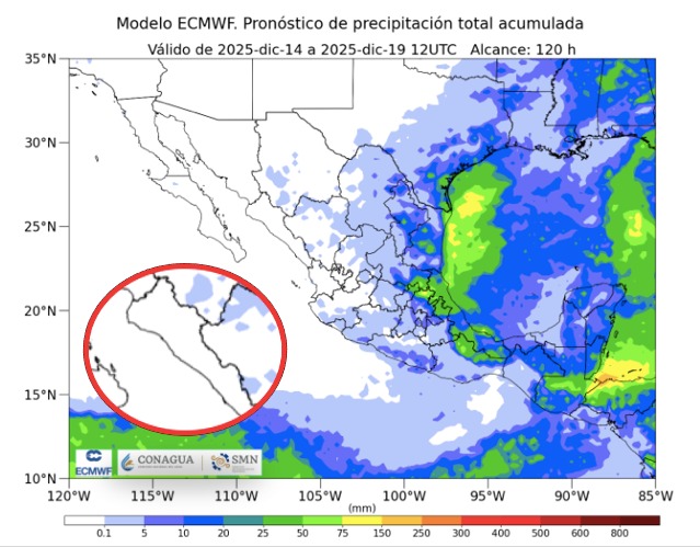 Imagen satelital de México que representa lluvias con colores verdes y azules que indica pronóstico de precipitaciones