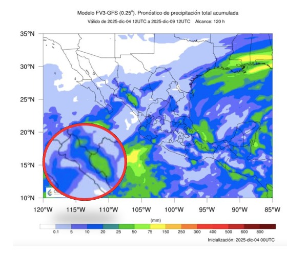 Imagen satelital de México que representa lluvias con colores verdes y azules que indica pronóstico de precipitaciones