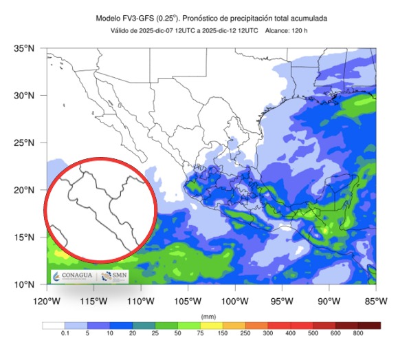 Imagen satelital de México que representa lluvias con colores verdes y azules que indica pronóstico de precipitaciones
