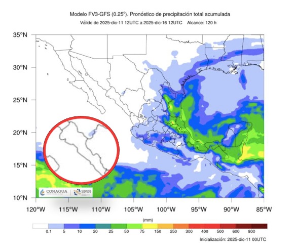 Imagen satelital de México que representa la probabilidad de tormentas