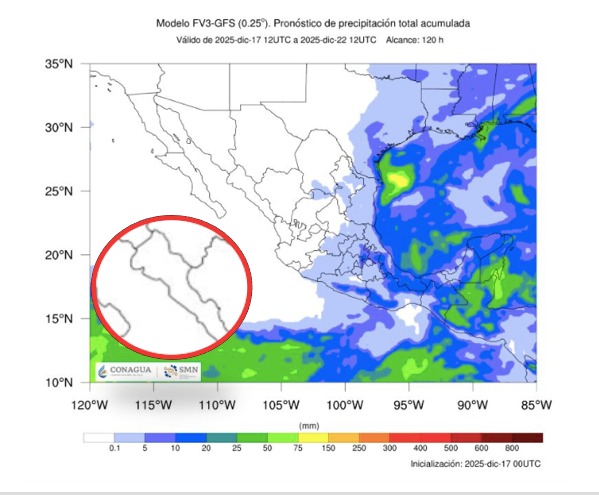 Imagen satelital de México que representa lluvias con colores verdes y azules que indica pronóstico bajo de precipitaciones