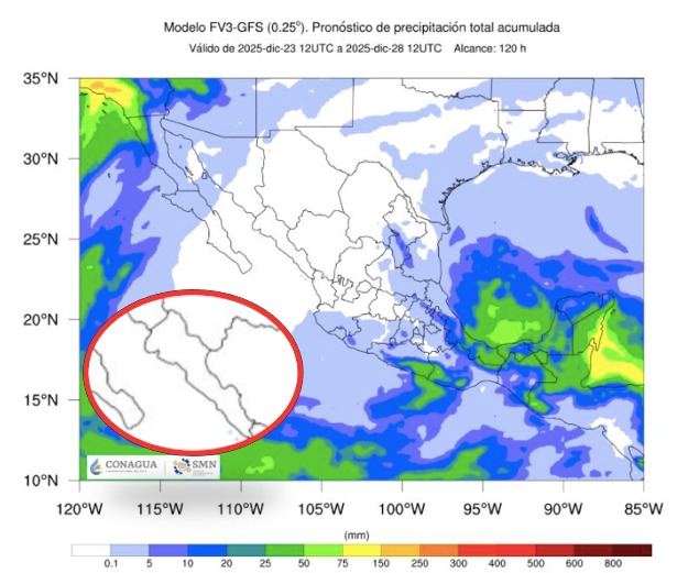 Imagen satelital de México que representa lluvias con colores verdes y azules que indica pronóstico bajo de precipitaciones