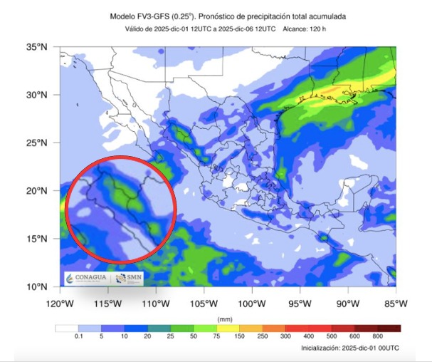 Imagen satelital de México que representa lluvias con colores verdes y azules que indica pronóstico de precipitaciones