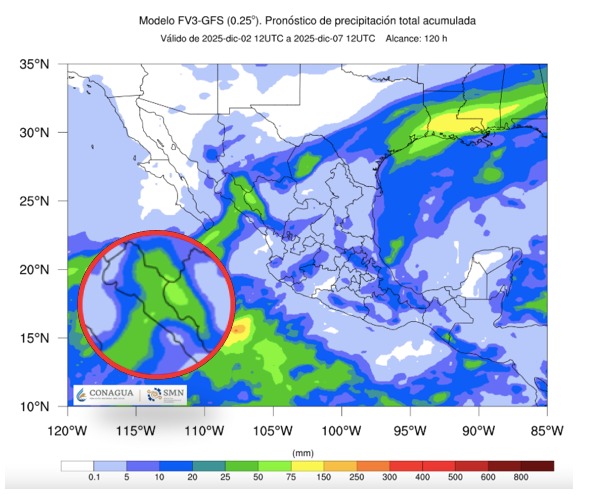 Imagen satelital de México que representa lluvias con colores verdes y azules que indica pronóstico de precipitaciones