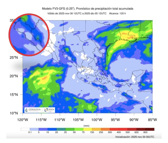 Imagen satelital de México que representa lluvias con colores verdes y azules que indica pronóstico de precipitaciones