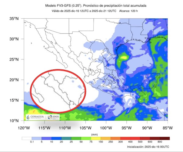 Imagen satelital de México que representa lluvias con colores verdes y azules que indica pronóstico de precipitaciones