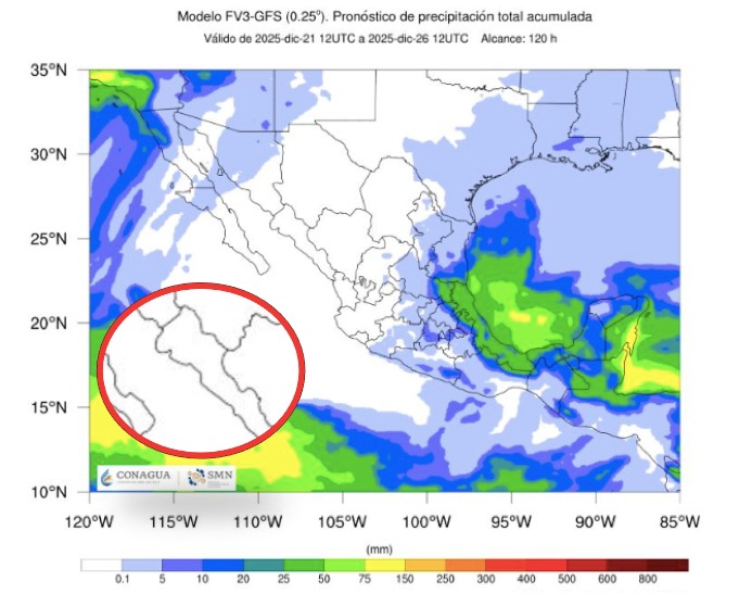 Imagen satelital de México que representa lluvias con colores verdes y azules que indica pronóstico de precipitaciones